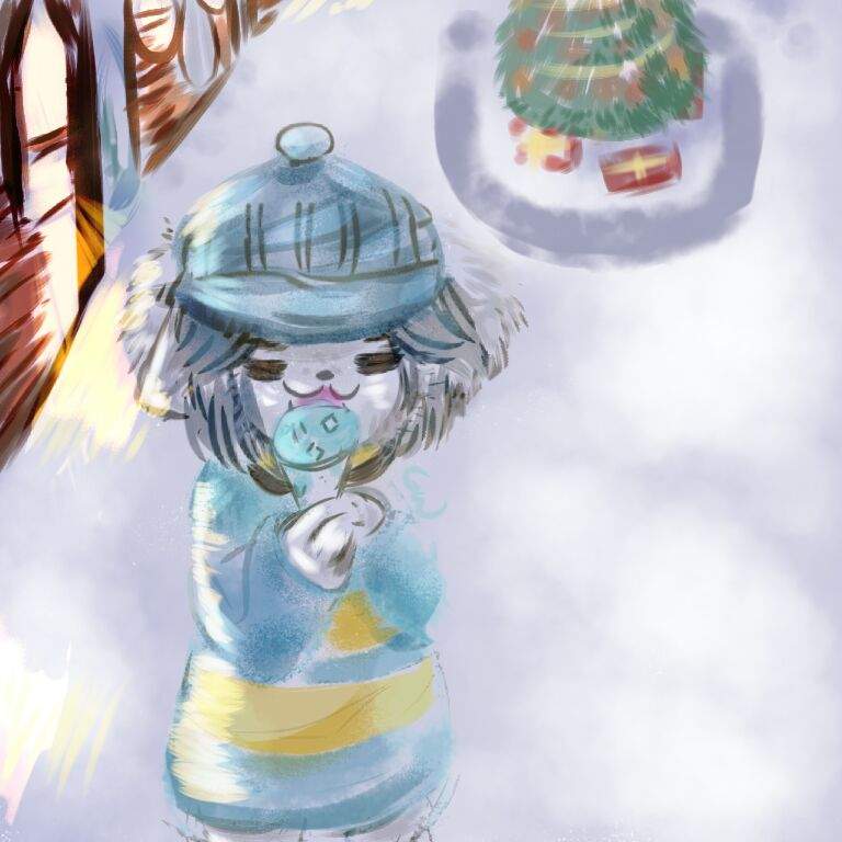 anthro canid canine christmas christmas_tree clothed clothing dessert eyes_closed felid feline food fur gift hair hat headgear headwear holidays ice_cream licking mammal open_mouth pink_tongue plant snow tem temmie_(undertale) tongue tongue_out topwear tree undertale undertale_(series) video_games white_body white_fur winter