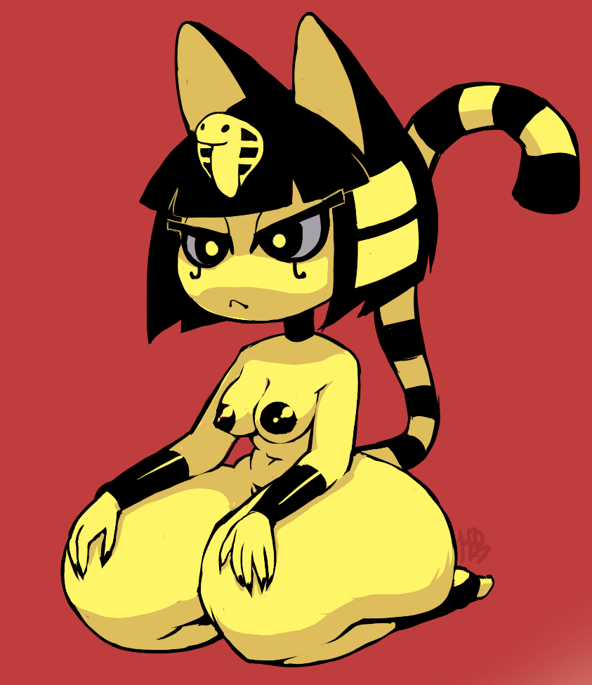animal_crossing ankha_(animal_crossing) anthro breasts domestic_cat felid feline felis female frown hands_on_thighs hunnibunnibuttz kneeling mammal nintendo nude red_background simple_background solo thick_thighs video_games