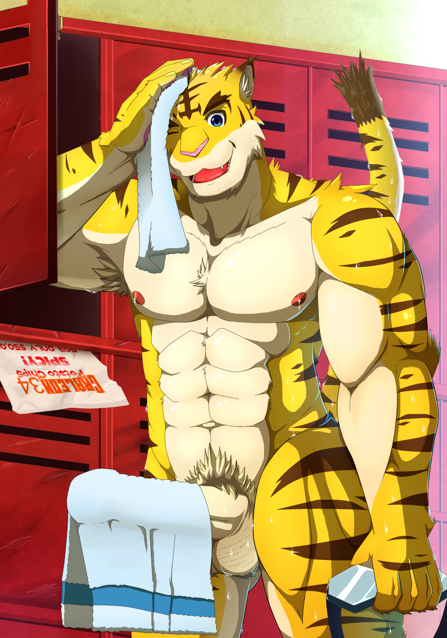 anthro big_muscles big_penis blue_eyes danuelragon34 erection felid genitals hi_res humanoid_genitalia locker locker_room looking_at_viewer male mammal morenatsu muscular nipples pantherine paper penis pubes solo swimming_goggles tiger torahiko_(morenatsu) towel towel_on_penis video_games visual_novel wet