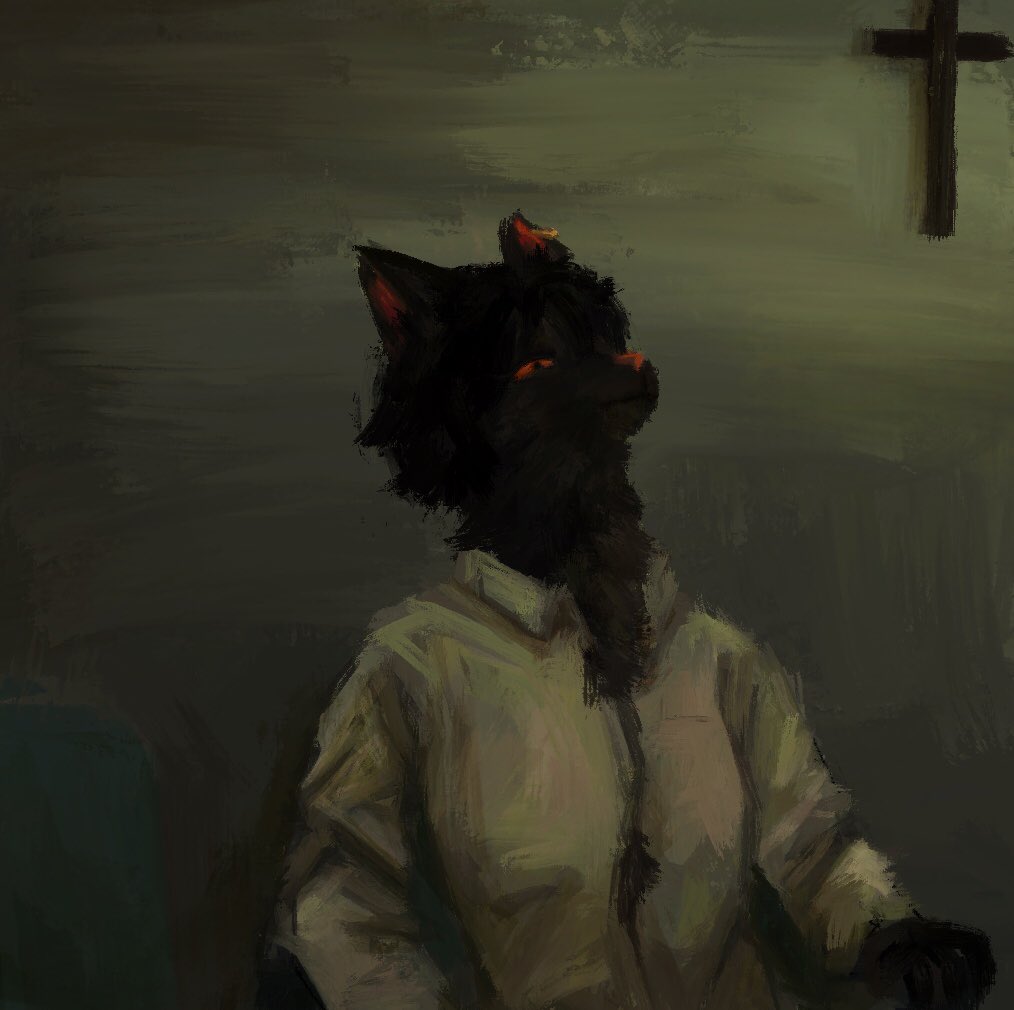 anon2000000 anthro black_body black_fur black_hair chest_fur chest_tuft christianity clothed clothing cross digital_drawing_(artwork) digital_media_(artwork) digital_painting_(artwork) domestic_cat dress_shirt felid feline felis female female_focus fur hair mammal pink_nose pupils religion shaded shirt short_hair slit_pupils solo solo_focus topwear tuft tufted_fur white_clothing white_shirt white_topwear