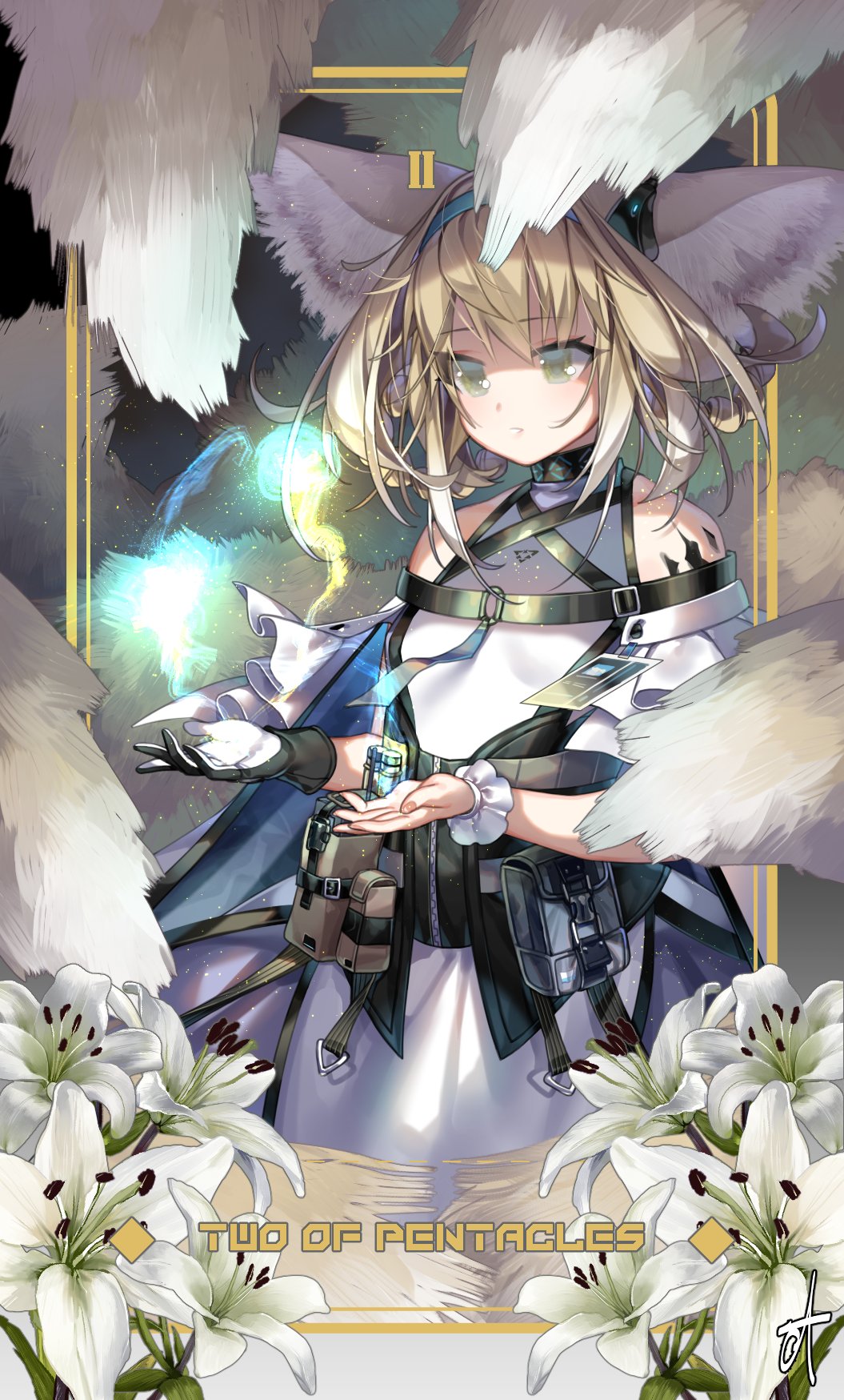 1girl animal_ear_fluff animal_ears arknights asymmetrical_gloves bangs bare_shoulders black_gloves blonde_hair breasts commentary cowboy_shot deathalice dress english_commentary english_text eyebrows_visible_through_hair fantasy flower fox_ears fox_tail gloves green_eyes hairband highres light_particles magic medium_hair off-shoulder_dress off_shoulder parted_lips ringlets scrunchie small_breasts solo standing suzuran_(arknights) tail white_dress white_flower white_scrunchie wrist_scrunchie