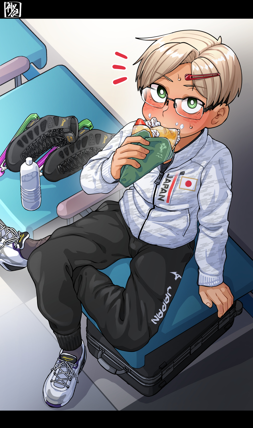 1boy bottle child commentary_request eating food glasses hair_ornament hairclip highres holding holding_food kaminosaki male_focus original sitting skates solo suitcase water_bottle