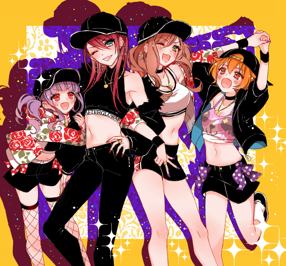 4girls :d ;d arm_hug arms_up backwards_hat bang_dream! bangs baseball_cap black_choker black_footwear black_hat black_jacket black_pants black_shirt black_skirt blue_nails bow breasts brown_eyes brown_hair character_print chino_machiko choker cleavage commentary_request crop_top drop_shadow earrings fang fishnet_legwear fishnets floral_print fur-trimmed_jacket fur_trim green_eyes grin hair_between_eyes hand_holding hand_on_hip hat hoop_earrings imai_lisa jacket jewelry kitazawa_hagumi long_sleeves looking_at_viewer medium_breasts michelle_(bang_dream!) miniskirt multiple_girls nail_polish one_eye_closed open_mouth orange_hair pants pendant polka_dot polka_dot_bow print_jacket print_shirt purple_bow purple_hair red_bow red_eyes red_nails ring shirt shoes short_hair sidelocks skirt sleeveless sleeveless_turtleneck smile socks sparkle sports_bra standing standing_on_one_leg thighhighs turtleneck twintails udagawa_ako udagawa_tomoe v-shaped_eyebrows white_legwear white_sports_bra yellow_background