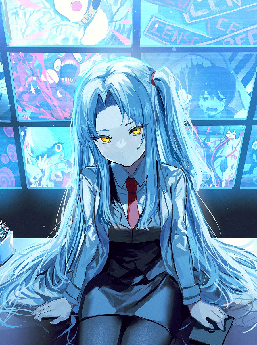 angela_(lobotomy_corporation) backlighting bangs black_legwear black_skirt black_vest blood blue_hair breasts character_request closed_mouth coat collared_shirt crying expressionless flower_pot forehead head_tilt highres indoors labcoat light_particles lobotomy_corporation long_hair long_sleeves looking_at_viewer medium_breasts monitor monster multiple_girls necktie one_side_up open_clothes pantyhose parted_bangs red_necktie screen_light shirt sitting skirt solo_focus symbol-only_commentary vest white_shirt y_o_u_k_a yellow_eyes