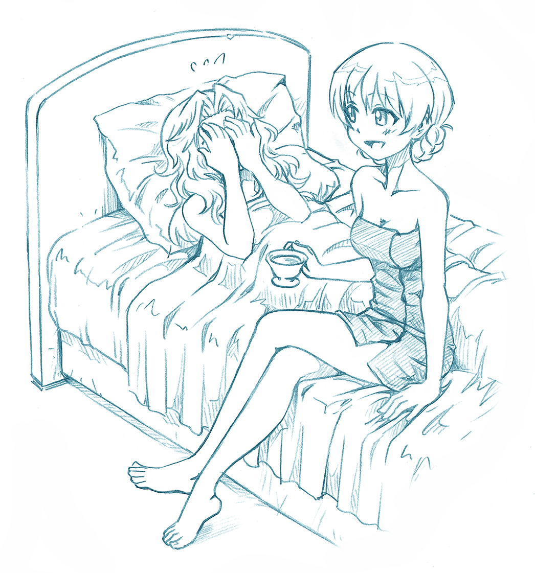 after_sex ballpoint_pen_(medium) barefoot bbb_(friskuser) bed blanket breasts cleavage collarbone covering_eyes covering_mouth crossed_legs crying cup darjeeling_(girls_und_panzer) feet girls_und_panzer hair_bun holding holding_cup kay_(girls_und_panzer) legs limited_palette lying medium_breasts medium_hair naked_towel on_back on_bed pillow ruined_for_marriage short_hair sitting sitting_on_bed teacup toes towel traditional_media