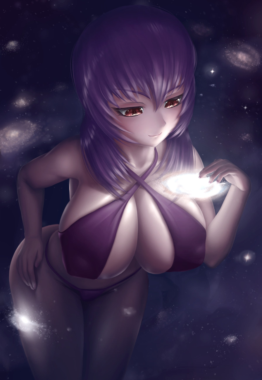 bikini breasts giant giantess highres huge_breasts kouzuki_yuuko muvluv pixiv purple_bikini purple_hair red_eyes space stars swimsuit universe world