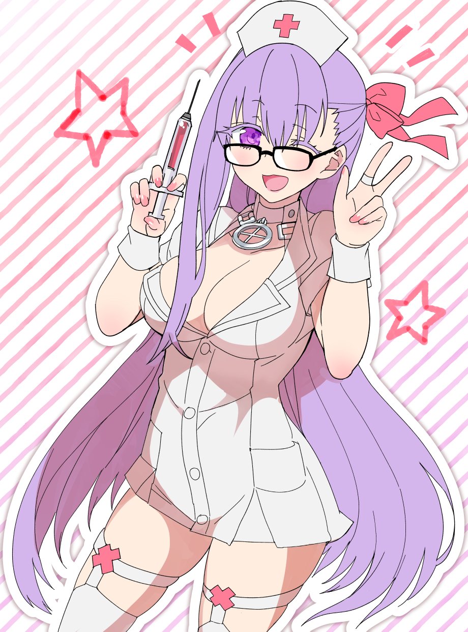 1girl bangs bb_(bb_shot!)_(fate) bb_(fate) blush breasts choker cleavage collarbone dress fate/grand_order fate_(series) glasses hair_ribbon hat highres large_breasts long_hair looking_at_viewer nurse_cap one_eye_closed open_mouth pink_ribbon purple_eyes purple_hair ribbon robina short_dress short_sleeves smile solo syringe thighhighs thighs very_long_hair w white_choker white_dress white_headwear white_legwear wrist_cuffs