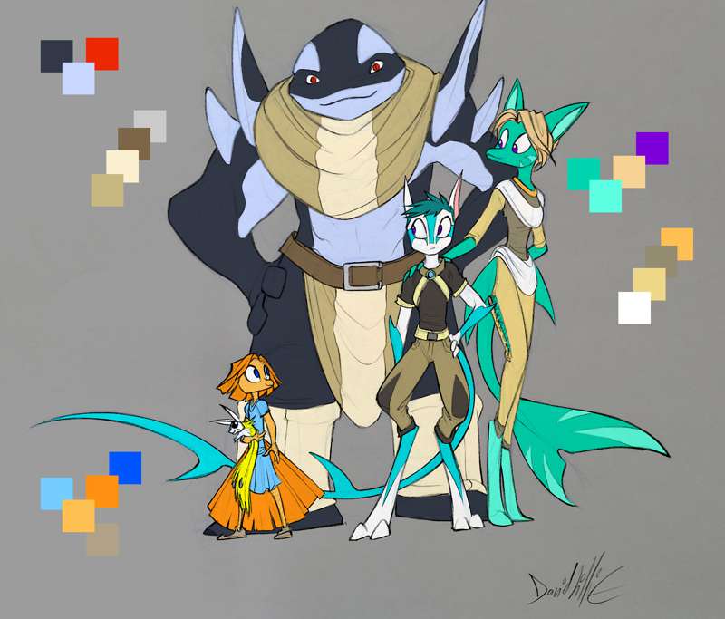 anthro david_lillie dreamkeepers evzen family father female fish group male marine model_sheet mother parent pet reptile scalie shark sibling simple_background sister webcomic_character