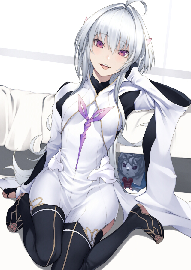 1girl ahoge bangs banned_artist bed black_gloves black_pants breasts fate/grand_order fate/prototype fate_(series) fingerless_gloves fou_(fate) gloves kyoeiki long_hair long_sleeves looking_at_viewer medium_breasts merlin_(fate/prototype) open_mouth pants purple_eyes sitting smile thighs very_long_hair wariza white_hair white_robe wide_sleeves