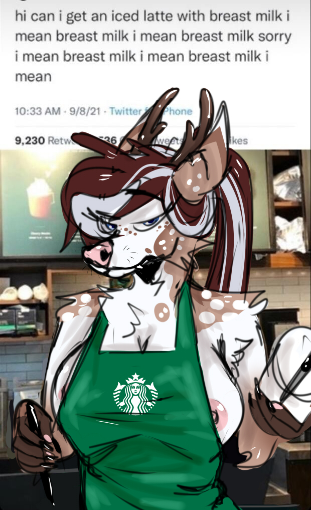 anthro bedroom_eyes big_breasts breasts brown_body brown_fur brown_hair cervid clothing container cup detailed_background digital_media_(artwork) female fur hair horn i_mean_breast_milk looking_at_viewer mammal meme narrowed_eyes nipples pencil_(object) seductive shirojackote solo starbucks text twitter