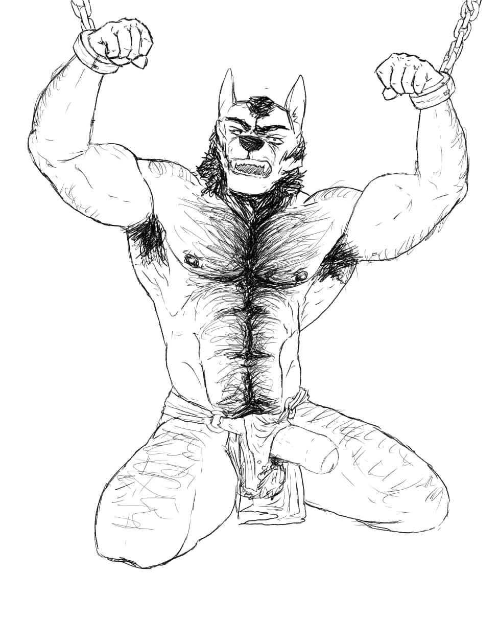 alex_nightmurr anthro armpit_hair body_hair bottomwear bound canid canine canis captured clothing hairy hi_res loincloth male male/male mammal muscular rope simonsbathtub sketch solo story story_in_description wolf