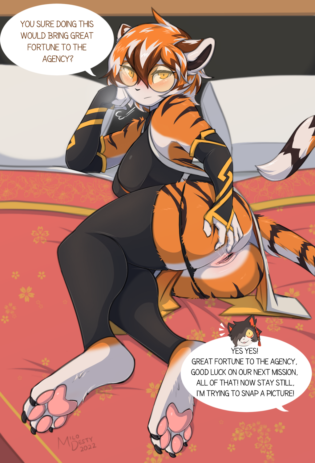 2022 4_toes 5_fingers aak_(arknights) anthro arknights barefoot bed black_body blush clothing english_text eyewear feet felid female fingers fur furniture genitals glasses hair hi_res hypergryph legwear lying mammal milodesty multicolored_body multicolored_fur multicolored_hair orange_body orange_fur orange_hair pantherine pillow presenting pussy solo_focus studio_montagne text thigh_highs tiger toes video_games waaifu_(arknights) white_body white_fur white_hair
