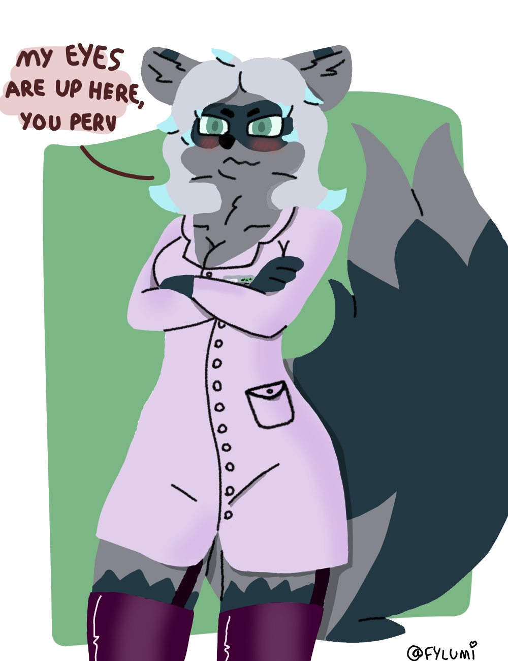 angry anthro blushing_profusely breasts cleavage clothed clothing coat dialogue domestic_ferret female femlumi(fylumi) fluffy fluffy_tail fur fylumi grey_body grey_fur hair hi_res hybrid lab_coat legwear looking_at_viewer mammal mustela mustelid musteline neck_tuft procyonid raccoon raised_tail shaded simple_background simple_nose simple_shading solo solo_focus speech_bubble talking_to_viewer thigh_highs toony topwear true_musteline tuft white_hair