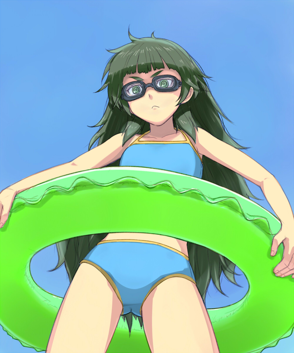 1girl ass_visible_through_thighs bangs blue_swimsuit blunt_bangs closed_mouth collarbone cowboy_shot day flat_chest frilled_innertube frown goggles green_eyes green_hair green_innertube halterneck highres hiyajou_maho holding holding_innertube innertube long_hair looking_at_viewer menomorute messy_hair sidelocks sky solo standing steins;gate steins;gate_0 swimsuit thick_eyebrows very_long_hair