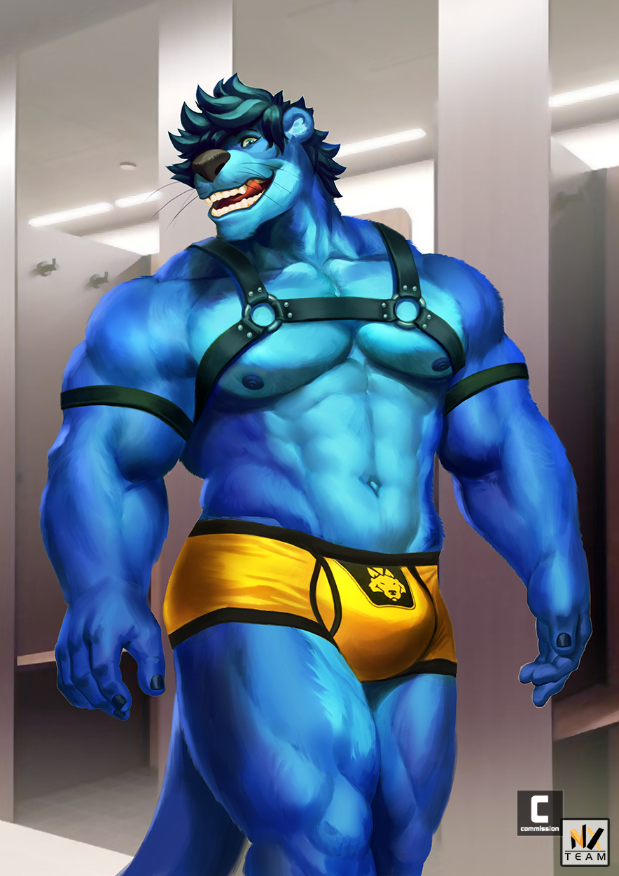 abs anthro barazoku biceps big_muscles blue_body blue_fur boxer_briefs bulge clothing confident fur harness hi_res long_tail lutrine male mammal muscular muscular_male mustelid nexus pecs solo thick_thighs tungro underwear