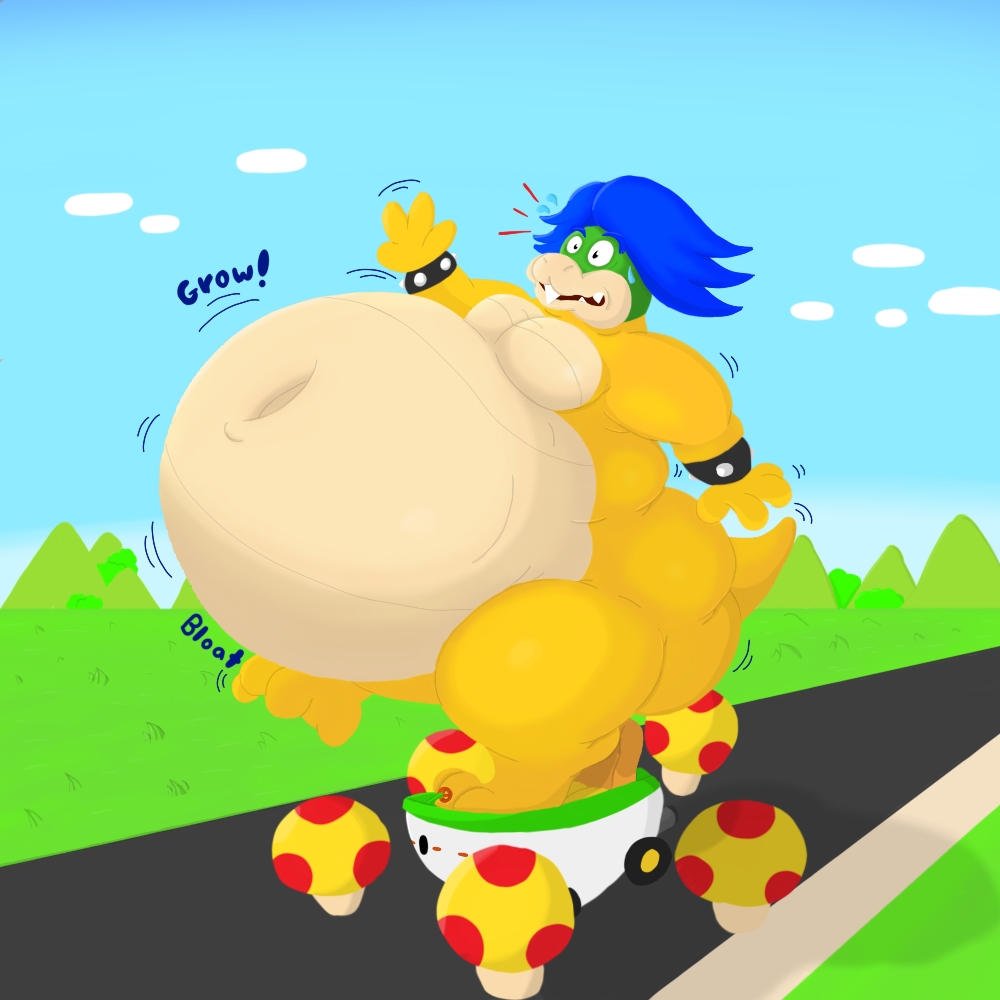 4_fingers anthro belly belly_expansion belly_inflation big_belly big_butt bloating blue_hair bodily_fluids butt expansion fingers fungus growth hair hyper hyper_belly inflation koopaling koopaminion love_handles ludwig_von_koopa male mario_bros mario_kart mega_mushroom motion_lines mushroom navel nintendo on_one_leg scalie solo standing sweat sweatdrop teeth thick_thighs video_games wheels