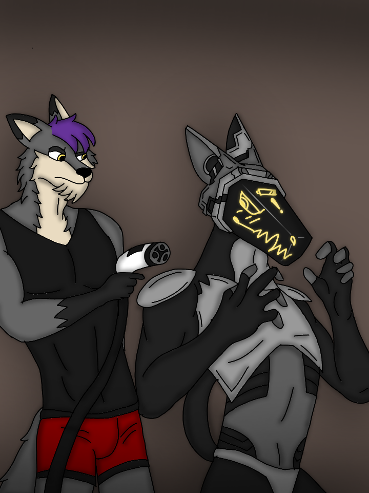 anthro black_body boxers_(clothing) canid canine canis charger clothing duo fur grey_body grey_chest grey_fur hair low_battery machine male male/male mammal nicolasthewolf protogen purple_hair underwear wolf