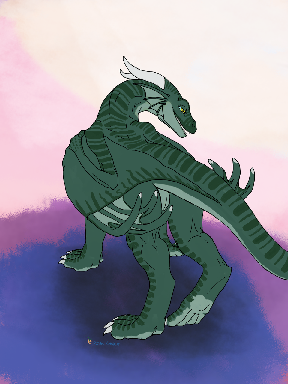 ambiguous_gender dragon feral green_body hi_res hondra male rear_view rienkarrot solo solo_focus striped_body stripes yellow_eyes