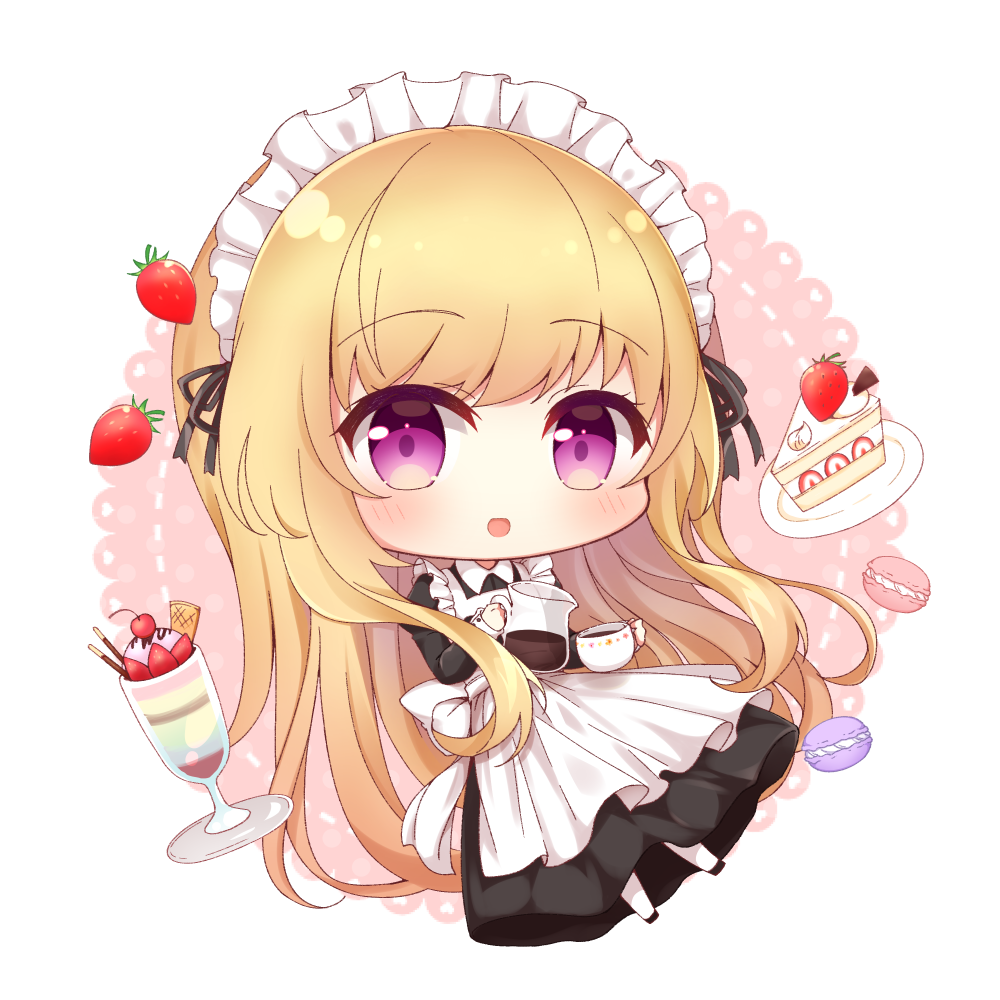 1girl :d apron bangs black_dress black_footwear blonde_hair blush cake cake_slice chibi collared_dress commentary_request commission cup doily dress eyebrows_visible_through_hair food frilled_apron frills fruit heart holding holding_cup juliet_sleeves long_hair long_sleeves looking_at_viewer macaron maid maid_apron maid_headdress original pantyhose parfait pixiv_request plate pocky puffy_sleeves purple_eyes shoes smile solo strawberry very_long_hair white_apron white_background white_legwear yukiyuki_441