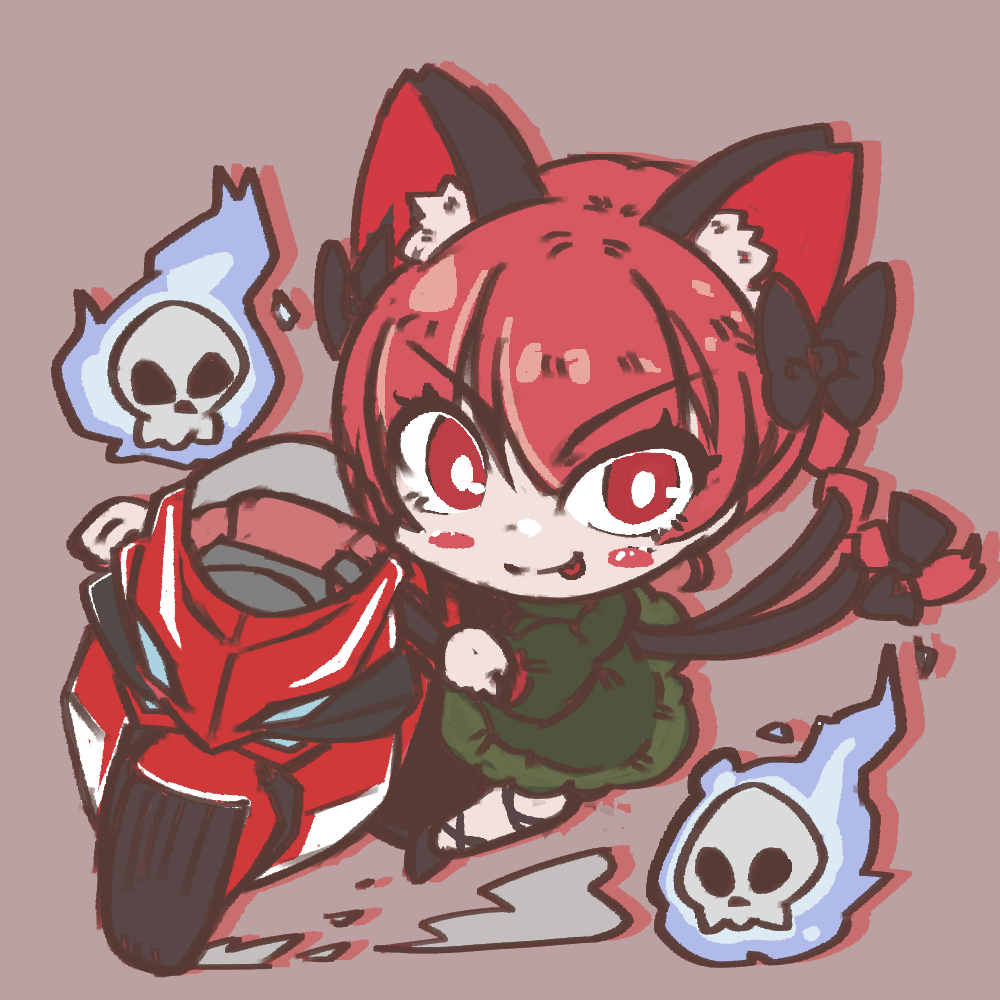 1girl animal_ear_fluff animal_ears black_bow blush bow braid cat_ears cat_tail dnk dress dust extra_ears flaming_skull floating_skull focused ghost green_dress ground_vehicle hitodama honda kaenbyou_rin motor_vehicle motorcycle multiple_tails pink_background red_background red_eyes red_hair riding shadow skull solo tail tongue tongue_out touhou twin_braids two_tails