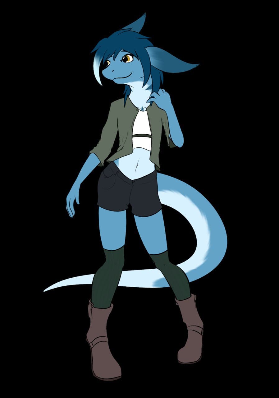 aged_down anthro blue_body blue_fur blue_hair boots bottomwear clothed clothing dragon exposed_navel female footwear fur fur_markings furred_dragon giru_(artist) hair hand_on_shoulder hi_res markings myriam_(giru) orange_eyes short_pants socks solo standing topwear white_body white_fur