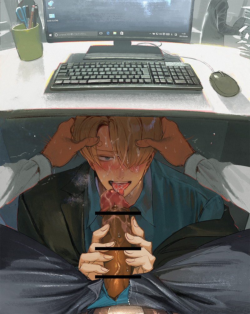 2boys bar_censor blonde_hair blue_eyes blush censored clothing_aside computer cum_on_penis erection feet_out_of_frame fellatio hair_over_one_eye hand_on_another's_head keyboard_(computer) large_penis licking licking_penis looking_at_viewer male_focus male_underwear male_underwear_aside male_underwear_peek mouse_(computer) multiple_boys nose_blush one_piece open_pants oral pants penis pov pov_crotch public_indecency runa_(artist) salaryman saliva sanji short_hair solo_focus spread_legs sweatdrop tongue tongue_out twitching under_table underwear veins veiny_penis yaoi