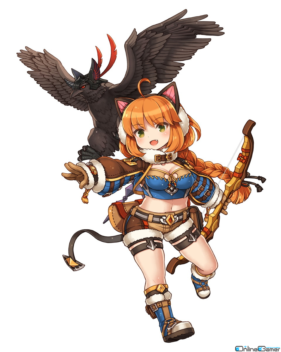 1girl :d ahoge animal_ears bangs belt bird black_belt blue_footwear blue_shirt blush boots bow_(weapon) braid braided_ponytail breasts brown_gloves brown_jacket brown_shorts cat_ears cleavage commentary_request crop_top earmuffs eyebrows_visible_through_hair fake_animal_ears falcon fang full_body fur-trimmed_boots fur-trimmed_shorts fur_trim gloves green_eyes highres holding holding_bow_(weapon) holding_weapon jacket leg_up long_hair looking_at_viewer medium_breasts midriff navel open_mouth orange_hair pouch quiver ragnarok_online shigatake shirt shorts shrug_(clothing) simple_background smile solo weapon white_background wind_hawk_(ragnarok_online)