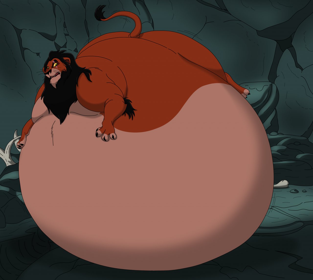 2013 belly big_belly black_mane bone cave claws disney fangs felid feral hectorthewolf hyper hyper_belly immobile inside lion looking_aside lying male mammal mane morbidly_obese morbidly_obese_feral morbidly_obese_male obese obese_feral obese_male on_front open_mouth overweight overweight_feral overweight_male pantherine raised_tail scar scar_(the_lion_king) solo the_lion_king tongue whiskers