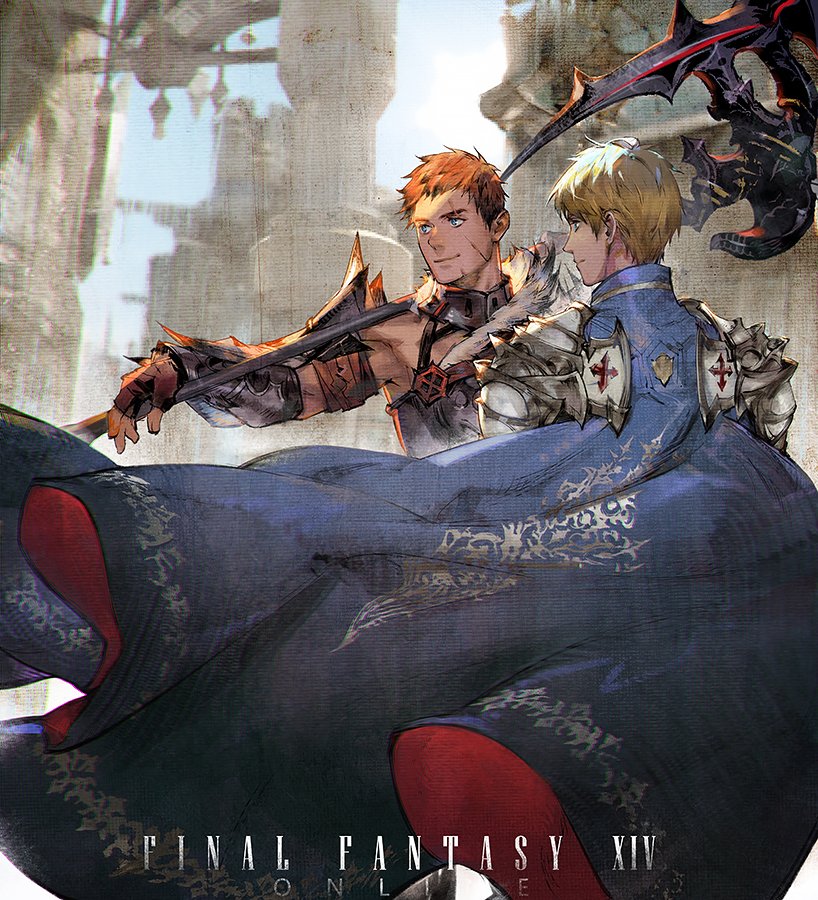 2boys armor blonde_hair blue_eyes cape castle character_request commentary_request final_fantasy final_fantasy_xiv fingerless_gloves gloves holding multiple_boys orange_hair outdoors short_hair smile standing ul'dah weapon xiling