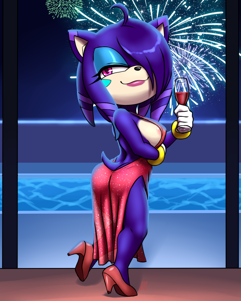 alcohol anthro areola areola_slip bangs beverage big_breasts blue_eyeshadow breasts clothed clothing container cup cybernetics cyborg dipstick_ears dress drinking_glass energy eulipotyphlan eyeshadow fan_character female fireworks footwear fur furball_(artist) glass glass_container glass_cup gloves hair hair_over_eye handwear hedgehog hi_res high_heels holidays lipgloss machine makeup mammal multicolored_body multicolored_ears multicolored_fur new_year obstructed_eye one_eye_obstructed penthouse purple_body purple_fur red_clothing red_dress ring rooftop sega seven_(furball) side_boob solo sonic_the_hedgehog_(series) swimming_pool synthetic white_clothing wine wine_glass