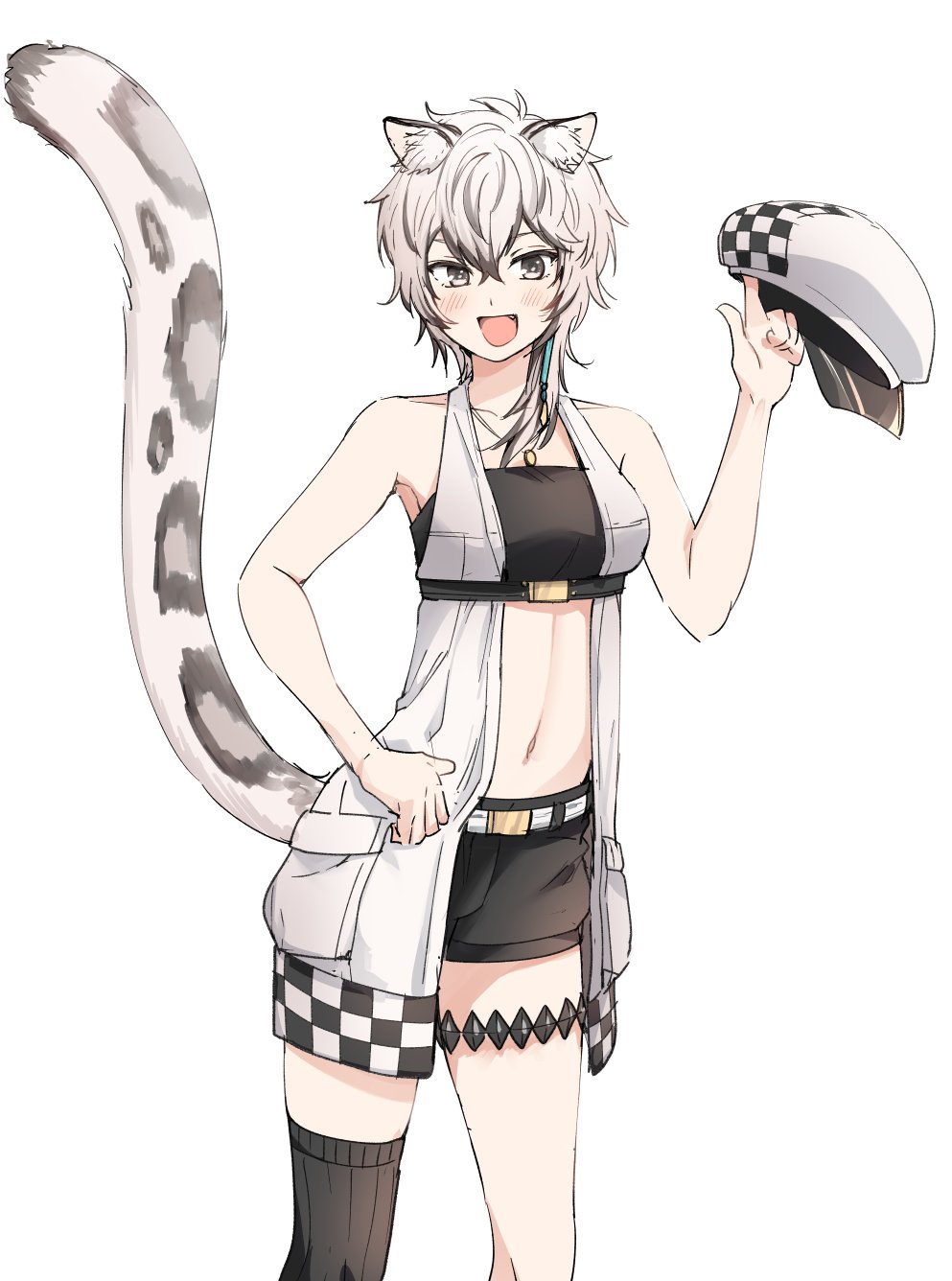 1girl animal_ear_fluff animal_ears arknights asymmetrical_hair bandeau bangs black_bandeau black_legwear black_shorts blush breasts checkered checkered_clothes checkered_headwear cliffheart_(arknights) commentary_request earrings fang grey_eyes hat highres holding holding_clothes holding_hat jewelry leopard_ears leopard_girl leopard_tail medium_breasts moboj13 necklace open_mouth short_hair shorts silver_hair simple_background single_earring single_thighhigh sleeveless sleeveless_duster solo tail thigh_strap thighhighs white_background