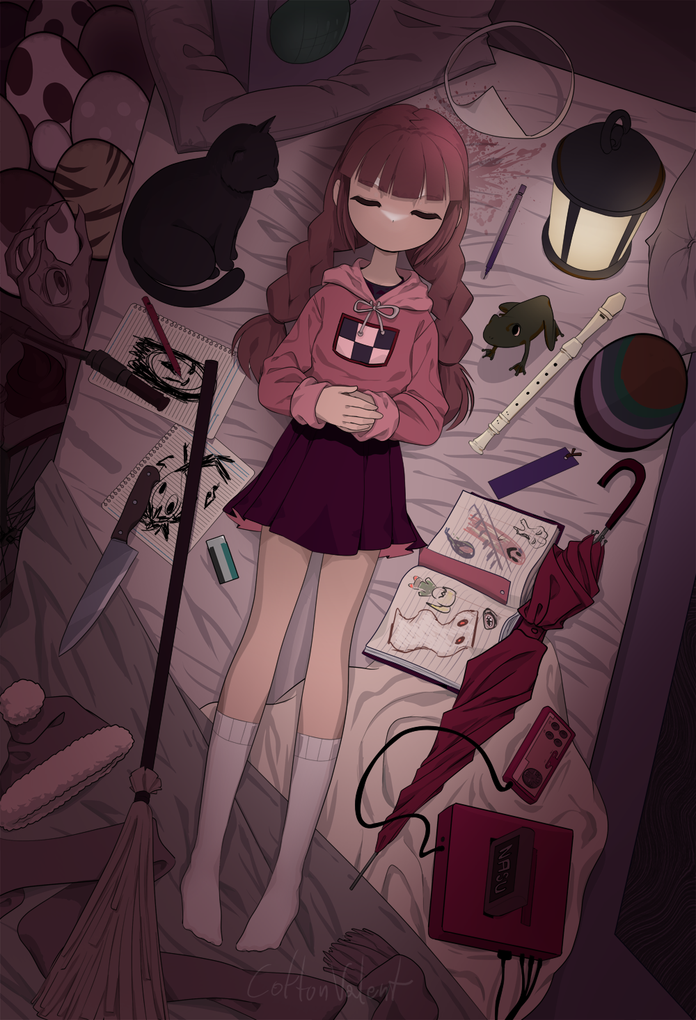 1girl bangs bed_sheet black_cat blood blood_splatter blunt_bangs bookmark braid broom brown_hair cat clarinet closed_eyes commentary controller disembodied_limb egg eraser extra_eyes frog full_body game_console hat highres hood hoodie indoors instrument ittan-momen kasei-san knife kyukkyu-kun lamp long_hair long_sleeves lying madotsuki medamaude nes no_shoes notebook object_request on_back on_bed own_hands_clasped own_hands_together paper pen pencil pillow pink_hoodie pink_scarf pleated_skirt poniko red_skirt santa_hat scarf sekomumasada_sensei signature skirt socks takofuusen twin_braids uboa umbrella white_legwear woraya_chotikul yume_nikki