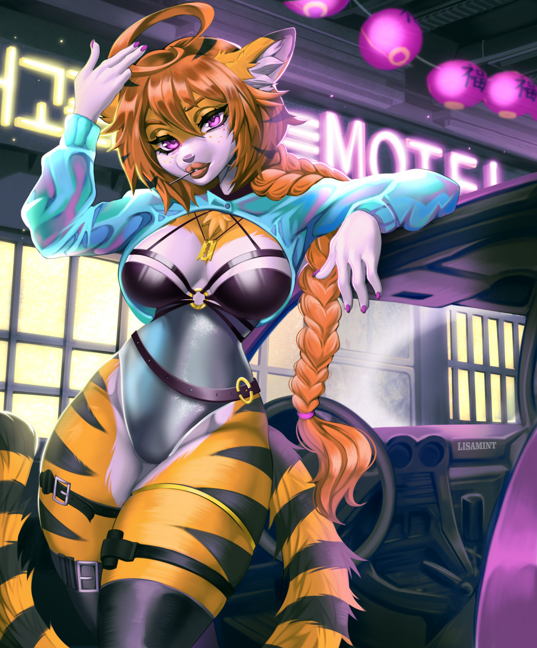 2022 anthro braided_hair breasts clothed clothing detailed_background digital_media_(artwork) eyebrows eyelashes felid female hair hi_res looking_at_viewer mammal pantherine sheldon_dober smile solo tiger