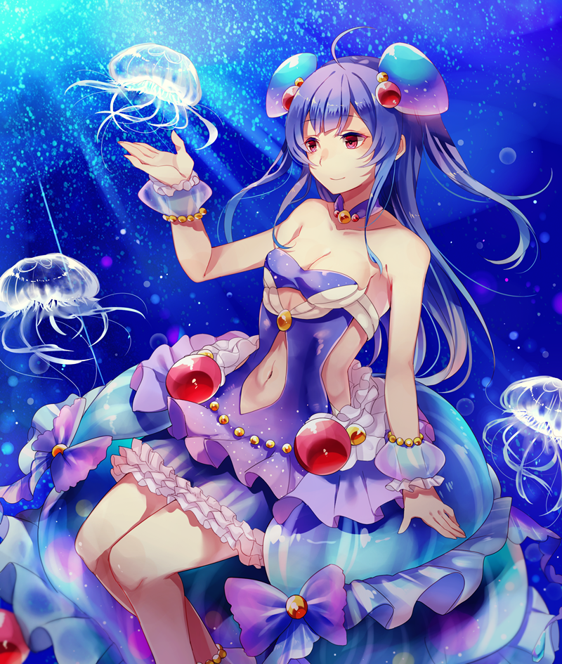 1girl ahoge blue_hair bracelet breasts cleavage clothing_cutout dress frilled_dress frills jellyfish jewelry long_hair mohuta1203 navel navel_cutout noa_(shironeko_project) red_eyes shironeko_project small_breasts smile solo underwater