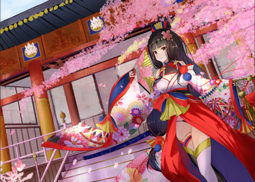 1girl architecture bangs bare_shoulders black_hair blunt_bangs breasts center_opening cherry_blossoms chinese_commentary cleavage closed_mouth east_asian_architecture expressionless floral_print flower hair_bobbles hair_flower hair_ornament hand_fan japanese_clothes kagura_(onmyoji) long_hair long_sleeves nanoda002_(saber427) off_shoulder onmyoji petals red_eyes solo stairs standing thighhighs underwear white_legwear wide_sleeves