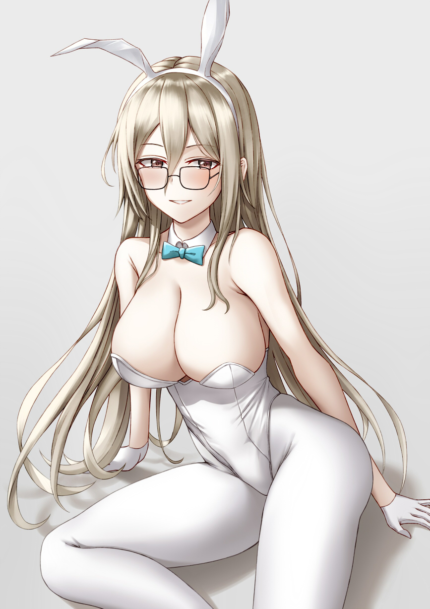 1girl akane_(blue_archive) animal_ears bangs bare_shoulders blonde_hair blue_archive blue_bow blue_bowtie blush bow bowtie breasts brown_eyes cleavage closed_mouth eyebrows_visible_through_hair fake_animal_ears feet_out_of_frame glasses gloves hands_on_floor highres large_breasts leotard long_hair looking_at_viewer naga_(pixiv70891418) on_floor pantyhose playboy_bunny rabbit_ears smile solo white_background white_gloves white_legwear white_leotard