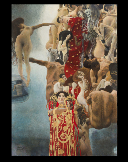 abstract_background art_nouveau baby birth black_eyes black_hair blonde_hair blood bodily_fluids bone breasts brown_hair clothed clothing colubrid container cup death european_mythology eyes_closed female feral floating flower flowing_hair flowing_water gore grabbing_head greek_mythology group group_portrait gustav_klimt hair holding_baby human lethe male mammal muscular mythology nude overweight plant pregnant red_clothing red_hair reptile robe scalie scared skeleton skinny sleeping snake symbolism water yellow_flower young