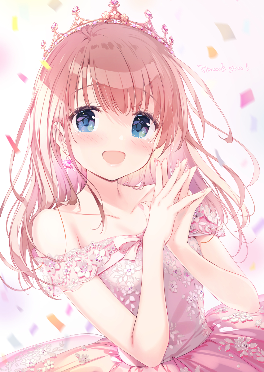 1girl bangs bare_shoulders blue_eyes blush brown_hair collarbone crown dress earrings highres jewelry kimishima_ao long_hair looking_at_viewer open_mouth original pink_nails smile
