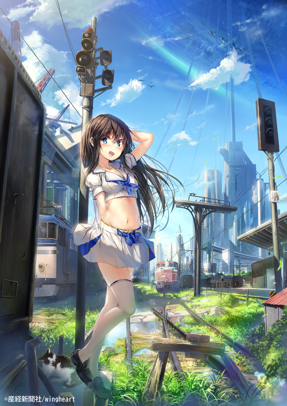 1girl :d animal arm_behind_head arm_up black_footwear black_hair blue_eyes breasts building cat collared_shirt crop_top day fantasy ground_vehicle highres loafers long_hair looking_at_viewer medium_breasts midriff miniskirt navel neckerchief original outdoors pleated_skirt railroad_tracks revealing_clothes scenery shirt shoes short_sleeves skirt smile solo stomach sunlight thighhighs thighs train very_long_hair white_legwear white_shirt white_skirt wingheart zettai_ryouiki