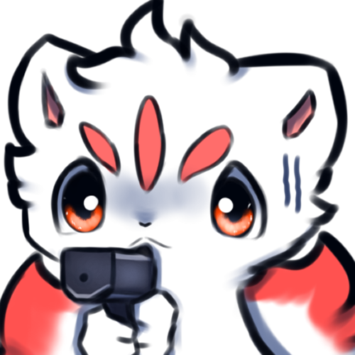 ambiguous_gender canid canine emote fluffy fluffy_tail fox fur fur_markings gun haku_(snoiifoxxo) holding_object holding_weapon looking_at_viewer low_res mammal markings multi_tail multicolored_body multicolored_fur paws ranged_weapon red_eyes red_sclera snoiifoxxo solo tuft weapon white_body white_fur
