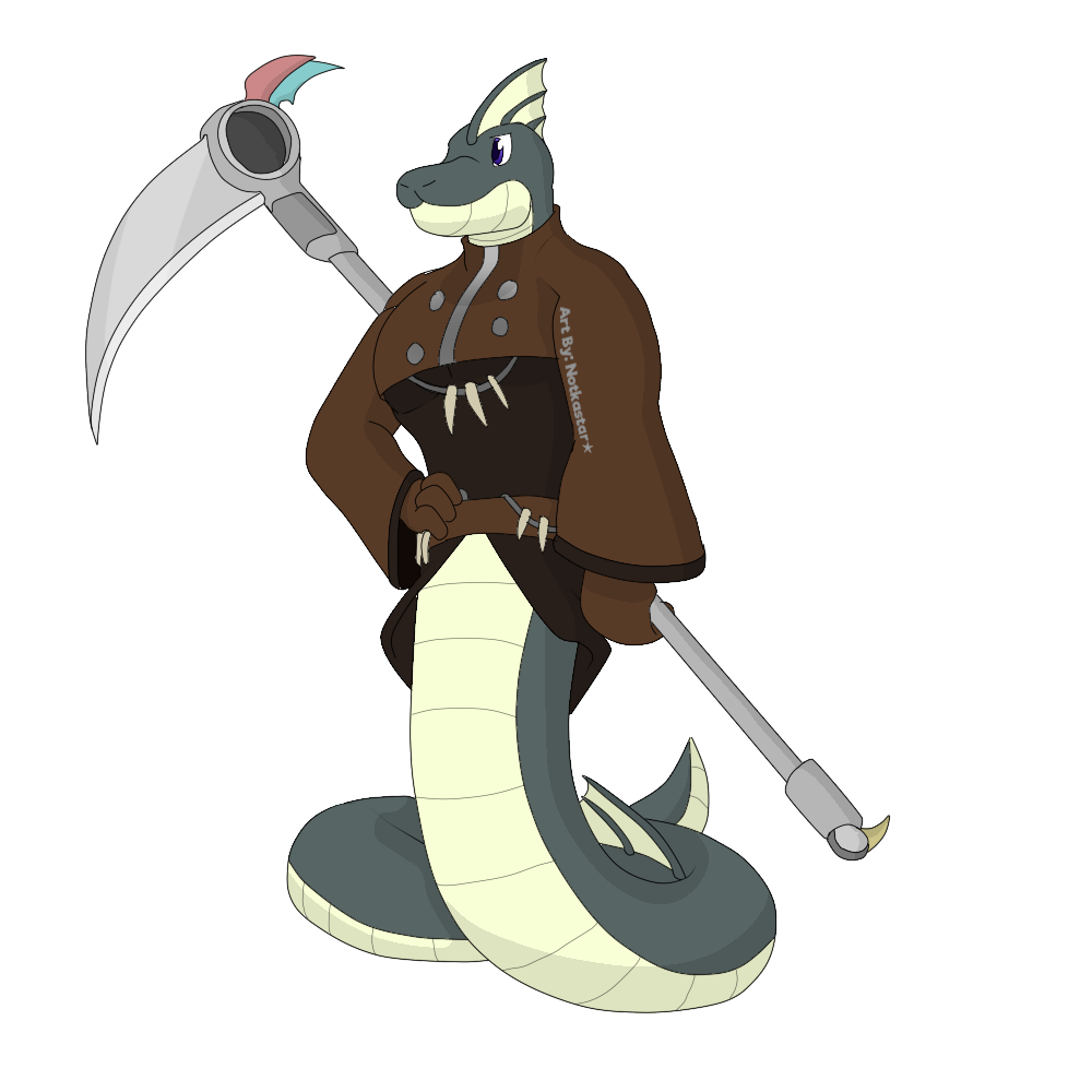 anthro apode clothing coat draconcopode elapid_(snake) fangs fin gloves handwear jewelry legless male melee_weapon naga necklace notkastar polearm reptile scales scalie scythe sea_snake serpentine shirt snake solo topwear weapon