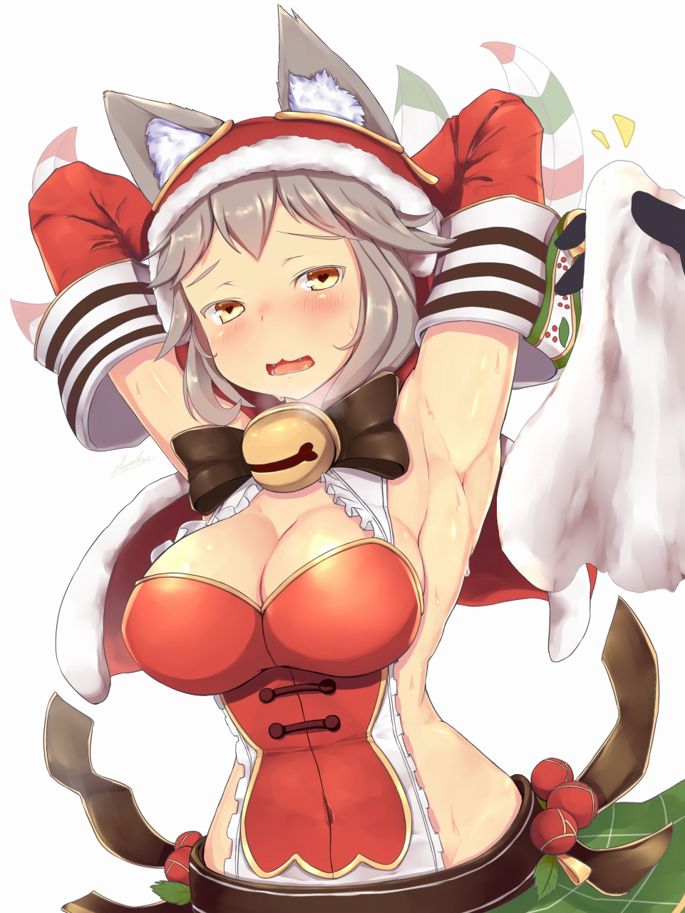 1girl 1other :3 animal_ears armpits arms_behind_head arms_up blush breasts christmas claw_(weapon) claws collar commentary_request ears_through_headwear erune fangs gloves granblue_fantasy heart heart-shaped_pupils highres holding holding_towel large_breasts long_hair looking_at_viewer open_mouth sen_(granblue_fantasy) shinoshinosp silver_hair simple_background skirt solo_focus sweat symbol-shaped_pupils towel weapon white_background