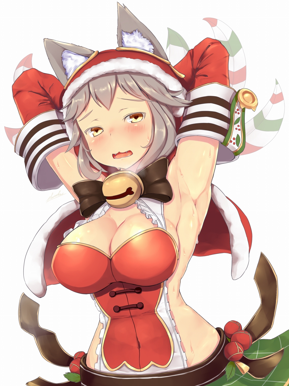 1girl :3 animal_ears armpits arms_behind_head arms_up blush breasts christmas claw_(weapon) claws collar commentary_request ears_through_headwear erune fangs gloves granblue_fantasy heart heart-shaped_pupils highres large_breasts long_hair looking_at_viewer open_mouth revision sen_(granblue_fantasy) shinoshinosp silver_hair simple_background skirt solo sweat symbol-shaped_pupils weapon white_background