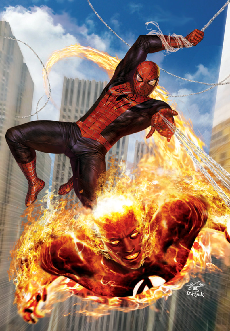 2boys blue_bodysuit bodysuit building cloud fantastic_four fire flying full_body hanging in-hyuk_lee johnny_storm looking_at_viewer male_focus marvel mask multiple_boys muscular muscular_male outdoors peter_parker pose red_bodysuit signature silk sky skyscraper spider-man spider-man_(series) spider_web spider_web_print superhero two-tone_bodysuit webbing