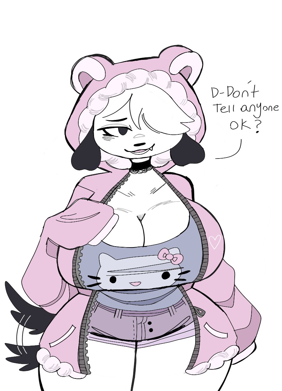 anthro big_breasts blush blush_lines bottomwear breasts canid canine canis cleavage clothed clothing collar cute_fangs cutoffs denim denim_clothing dialogue domestic_dog embarrassed female floppy_ears hair hair_over_eye hello_kitty_(character) hello_kitty_(series) hi_res hoodie mammal one_eye_obstructed puppychan puppychan48 sanrio shorts shy solo sweater talking_to_viewer topwear wide_hips