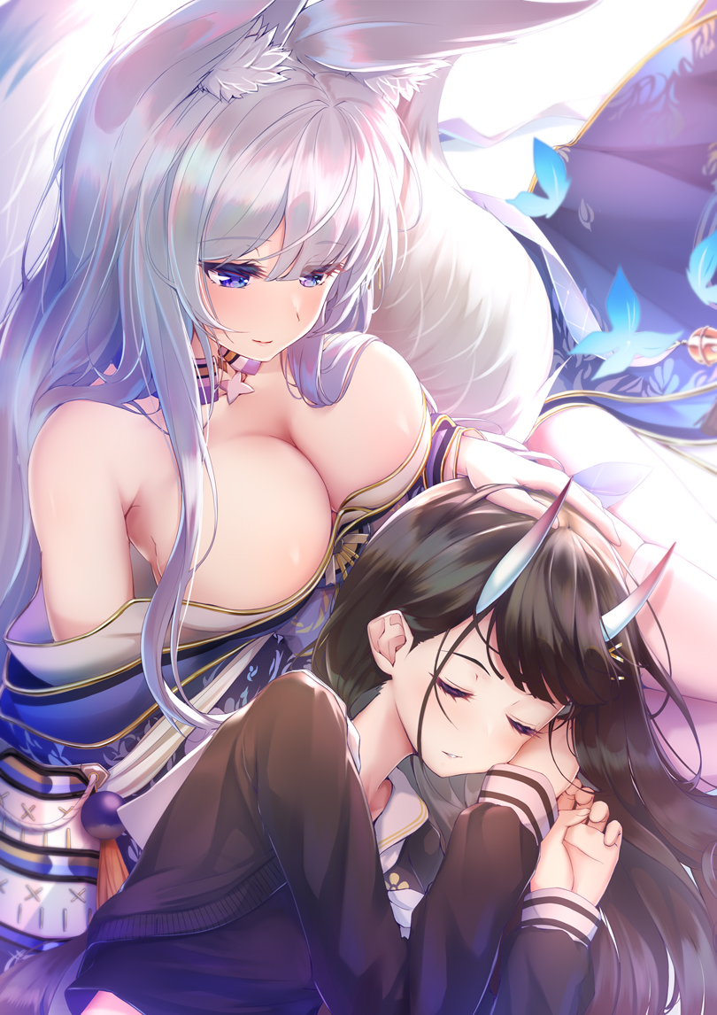 2girls animal_ears azur_lane breasts cleavage fox_ears fox_girl headpat horns imo_bouya japanese_clothes lap_pillow multiple_girls noshiro_(azur_lane) shinano_(azur_lane) sleeping