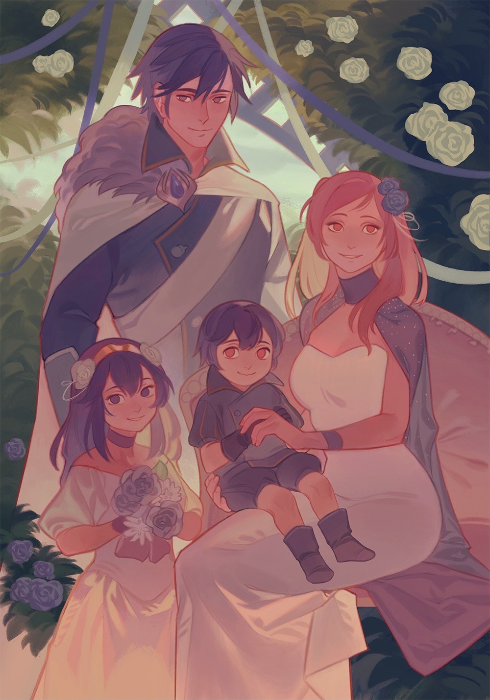 2boys 2girls alternate_costume bouquet brother_and_sister cape chrom_(fire_emblem) dress family family_portrait father_and_daughter father_and_son fire_emblem fire_emblem_awakening flower formal gloves hair_flower hair_ornament highres hollyfig husband_and_wife looking_at_viewer lucina_(fire_emblem) morgan_(fire_emblem) morgan_(fire_emblem)_(male) mother_and_daughter mother_and_son multiple_boys multiple_girls robin_(fire_emblem) robin_(fire_emblem)_(female) siblings sitting sitting_on_lap sitting_on_person smile tiara twintails younger