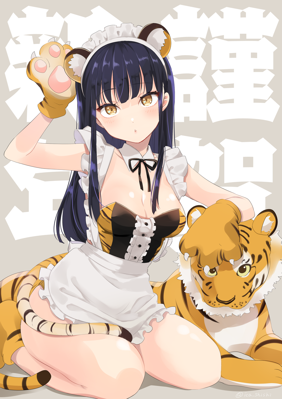 1girl animal_costume animal_ear_fluff animal_ears animal_print apron ass_visible_through_thighs bangs black_ribbon blunt_bangs blush breasts brown_eyes chinese_zodiac clawed_boots clawed_gauntlets cleavage collarbone detached_collar expressionless eyebrows_visible_through_hair fake_animal_ears fake_tail foot_out_of_frame frilled_apron frills happy_new_year highres ica large_breasts long_hair looking_at_viewer maid_headdress multicolored_hair neck_ribbon new_year original purple_hair ribbon seiza sidelocks sitting solo streaked_hair tail tiger tiger_costume tiger_ears tiger_print tiger_stripes tiger_tail year_of_the_tiger