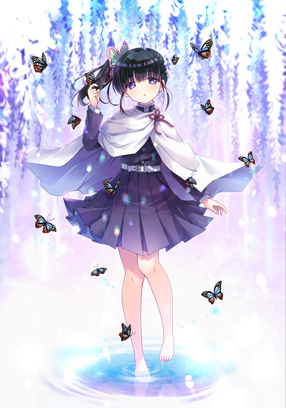 1girl :o arm_up bangs bare_legs barefoot belt belt_buckle black_hair black_jacket blunt_bangs blush buckle bug butterfly butterfly_hair_ornament butterfly_on_hand buttons cloak closed_mouth commentary_request eyebrows_visible_through_hair flower full_body hair_ornament highres ikegami_akane jacket katana kimetsu_no_yaiba knees long_hair long_sleeves looking_at_viewer pink_flower pleated_skirt purple_eyes red_rope reflection ripples rope school_uniform shirt side_ponytail sidelocks skirt solo sword tsuyuri_kanao water weapon white_belt white_cloak white_shirt wisteria