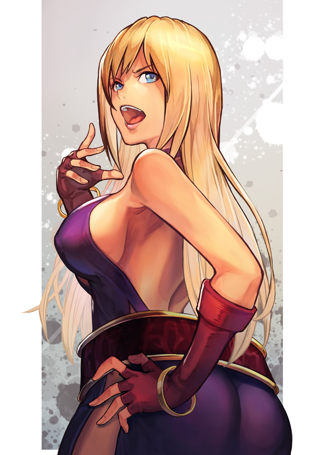 1girl armpits bangs belt blue_eyes bracelet breasts choker dress elbow_gloves fingerless_gloves gloves hand_on_hip hand_up hinoru_saikusa jenet_behrn jewelry large_breasts long_dress long_hair looking_at_viewer looking_back mark_of_the_wolves open_mouth pirate purple_dress red_glove sideboob sleeveless sleeveless_dress the_king_of_fighters the_king_of_fighters_xv